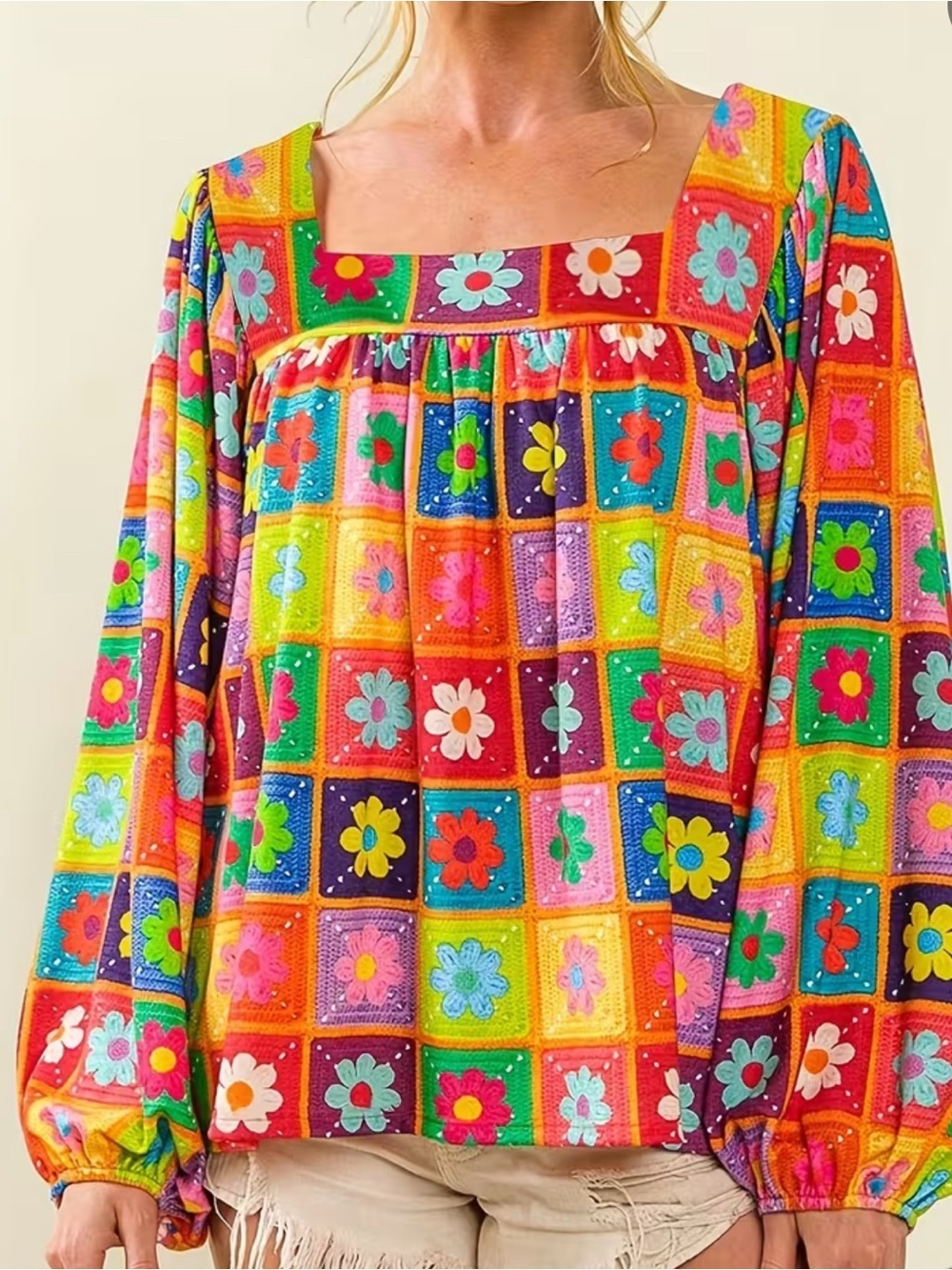 Colorful Floral Patchwork Square-Neck Blouse - Multi - Picture 5 of 6